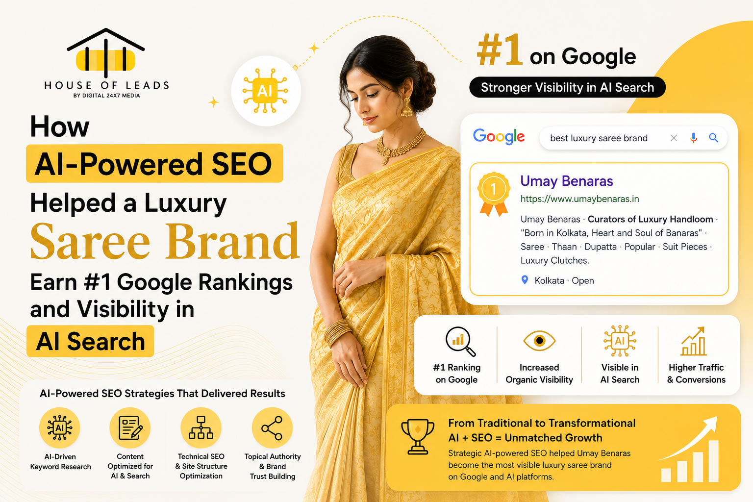 You are currently viewing How AI-Powered SEO Helped a Luxury Saree Brand Earn #1 Google Rankings and Visibility in AI Search